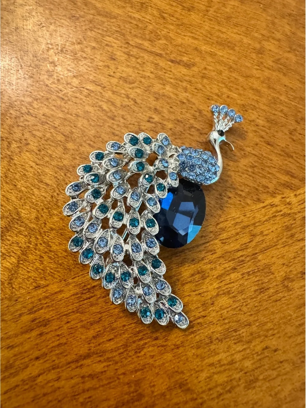 Vintage Peacock Brooch with Blue Rhinestones 322